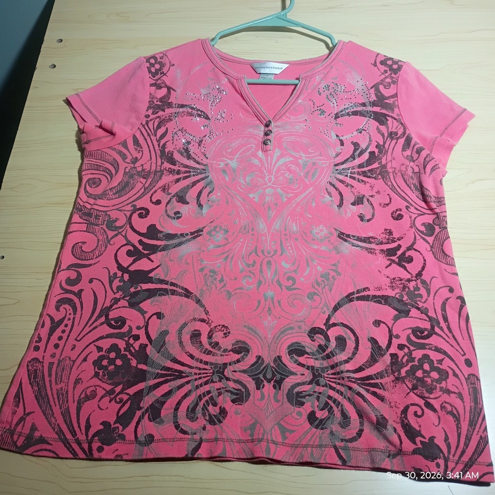Christopher & Banks Graphic Tee Women L Pink Grey Scroll Rhinestone Henley